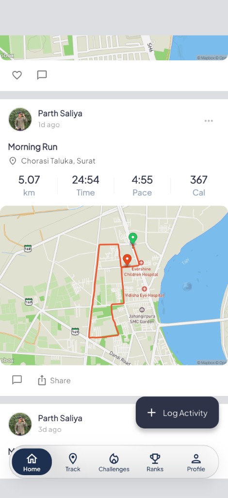 Community feed with run map and stats