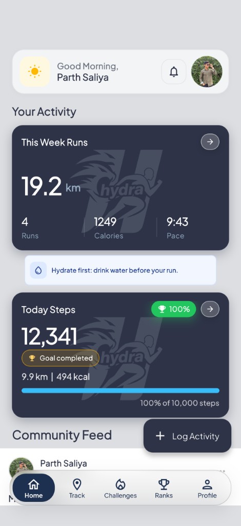 Home dashboard with weekly runs and steps